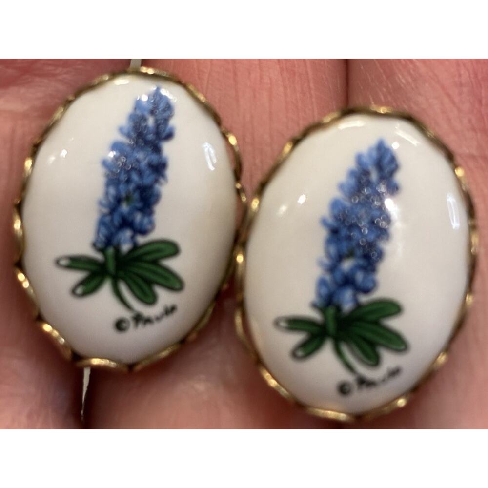 Vintage Paula Signed Hand Painted Porcelain Texas Bluebonnet Clip-On Earrings